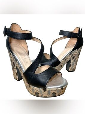 Hispanitas Black Leather Platform Pumps Ankle Strap Groovy Shoes Sz 38 Spain